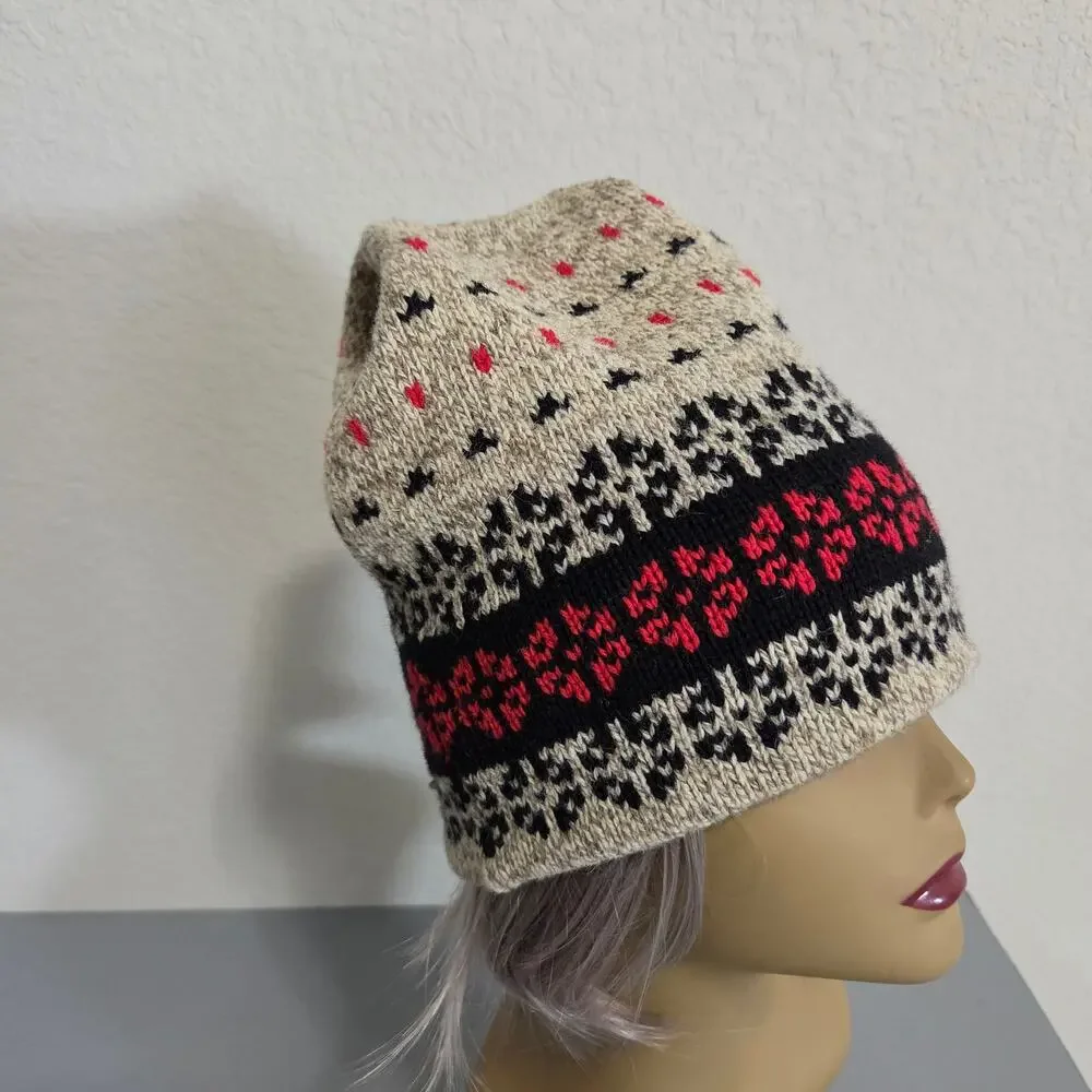 Wool Blend Fair Isle Knit Beanie Hat Brown Black Red Winter Ski Hat Made in USA